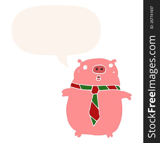 Cartoon Pig Wearing Office Tie And Speech Bubble In Retro Style