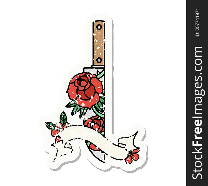 worn old sticker with banner of a dagger and flowers. worn old sticker with banner of a dagger and flowers