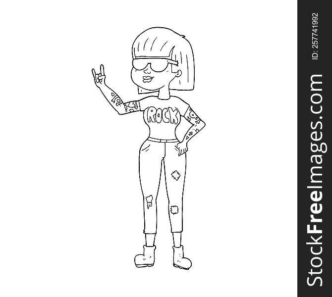freehand drawn black and white cartoon rock woman