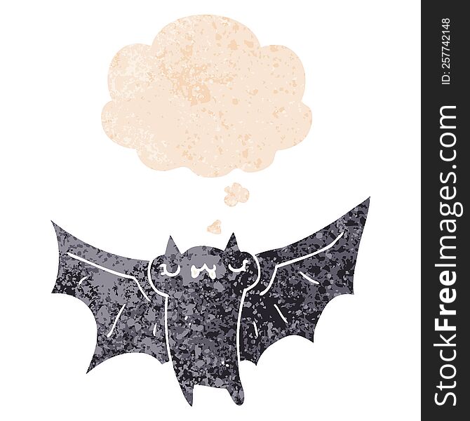 cute cartoon halloween bat and thought bubble in retro textured style