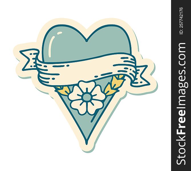 Tattoo Style Sticker Of A Heart Flower And Banner