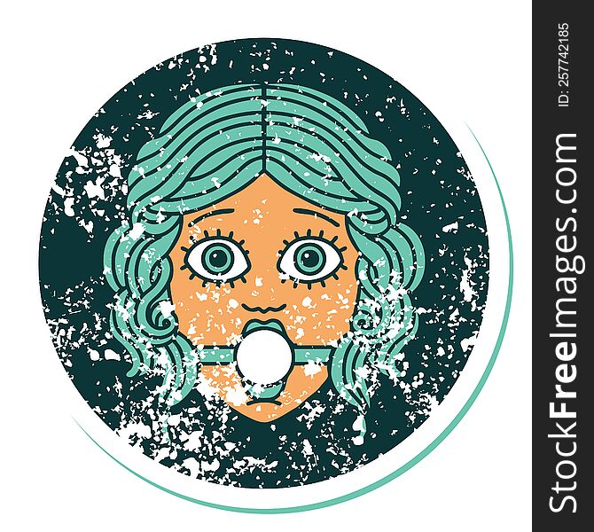 distressed sticker tattoo style icon of female face with ball gag