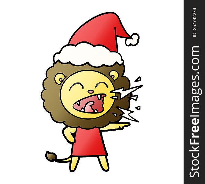 hand drawn gradient cartoon of a roaring lion girl wearing santa hat