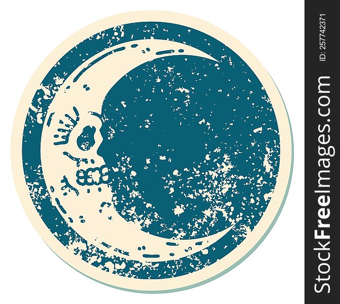 iconic distressed sticker tattoo style image of a skull moon. iconic distressed sticker tattoo style image of a skull moon