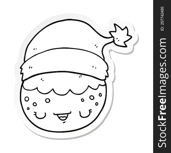 Sticker Of A Cartoon Christmas Pudding Wearing Santa Hat