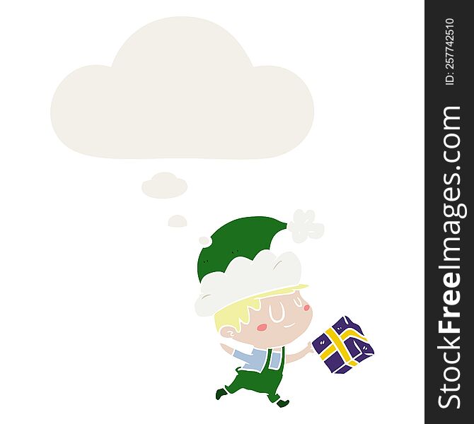 cartoon happy christmas elf with thought bubble in retro style