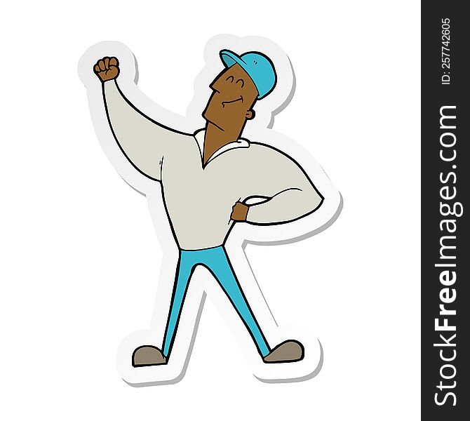 sticker of a cartoon man striking heroic pose