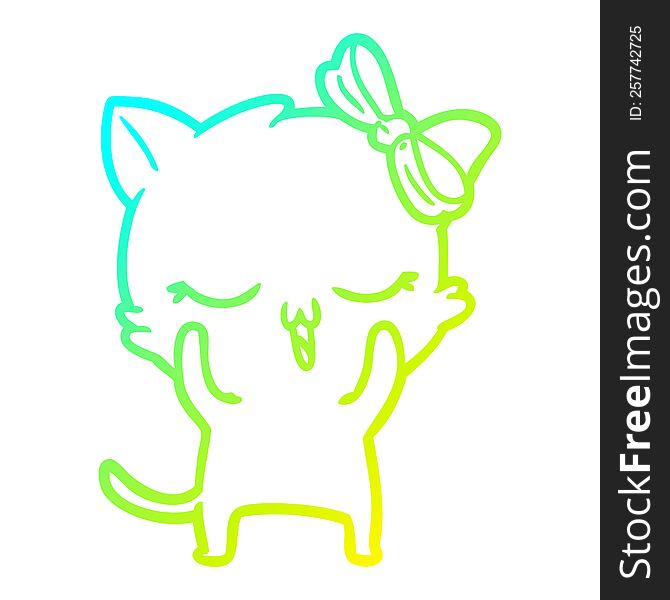 cold gradient line drawing of a cartoon cat with bow on head