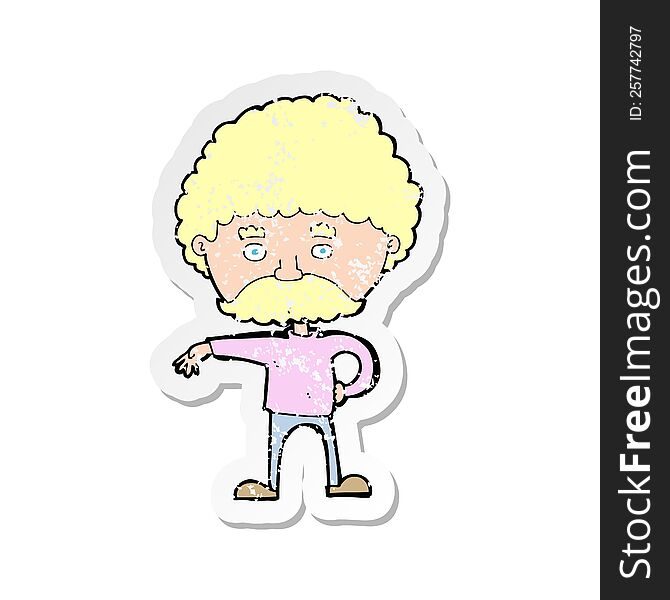 Retro Distressed Sticker Of A Cartoon Man With Mustache Making Camp Gesture