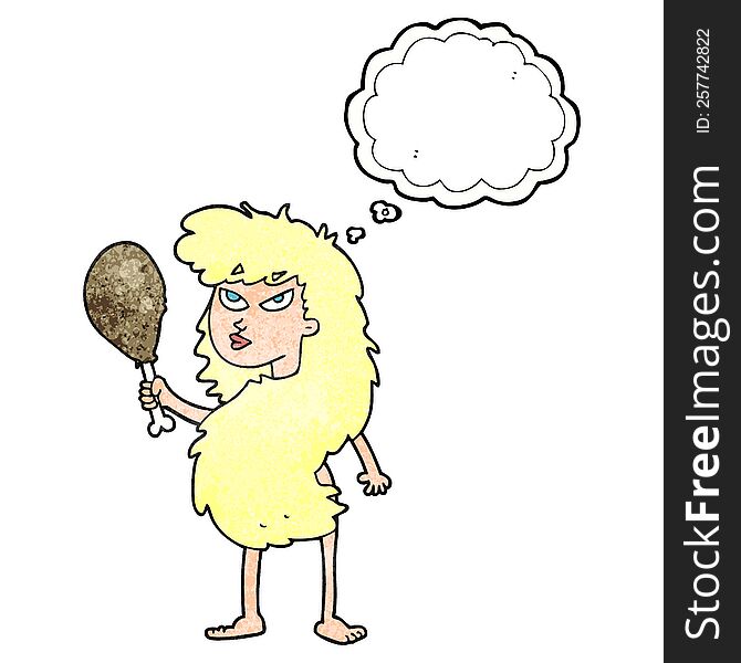 freehand drawn thought bubble textured cartoon cavewoman with meat