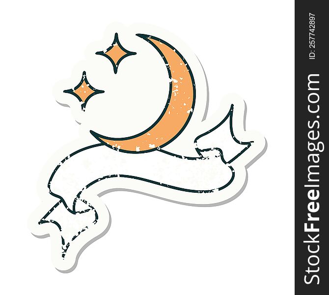 Grunge Sticker With Banner Of A Moon And Stars