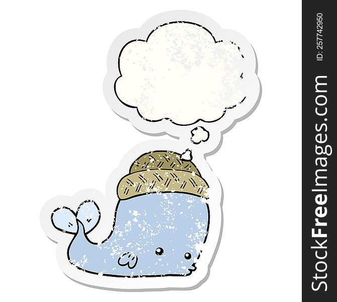 Cartoon Whale Wearing Hat And Thought Bubble As A Distressed Worn Sticker