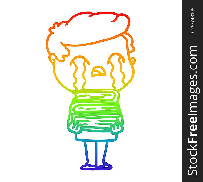 rainbow gradient line drawing of a cartoon man crying over stack of books