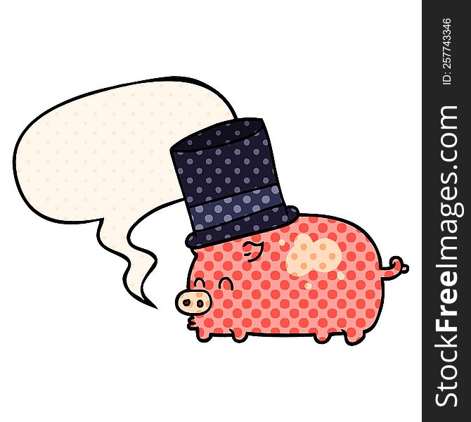 cartoon pig wearing top hat with speech bubble in comic book style