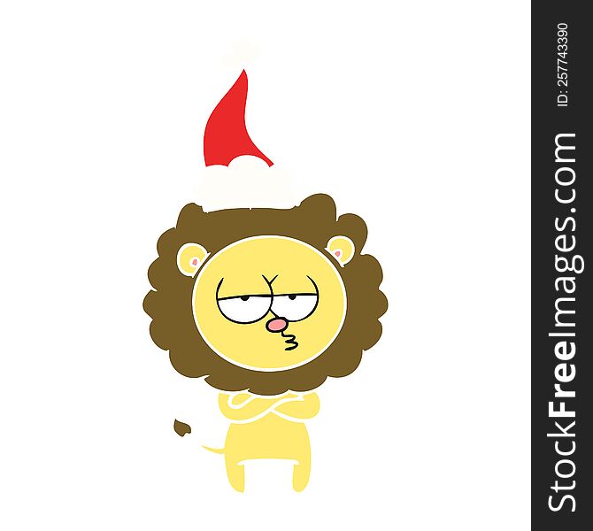 hand drawn flat color illustration of a tired lion wearing santa hat