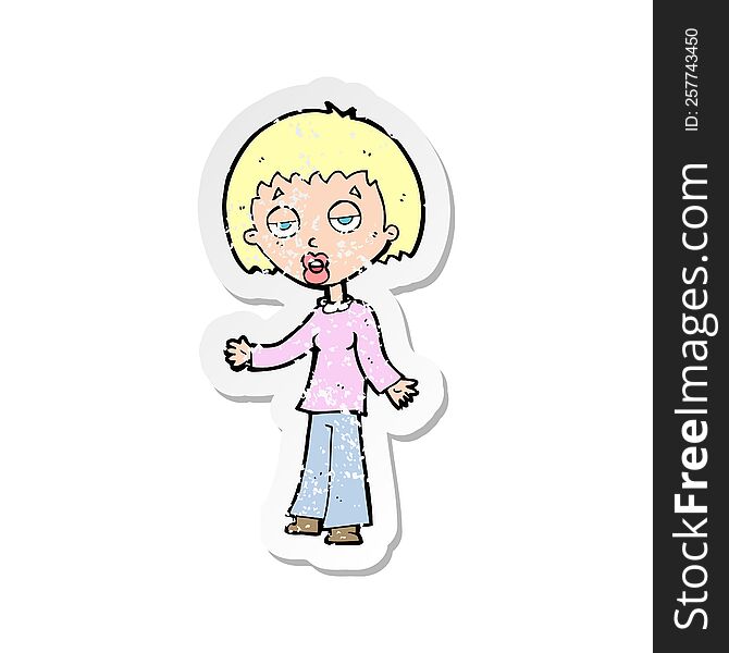 retro distressed sticker of a cartoon tired woman