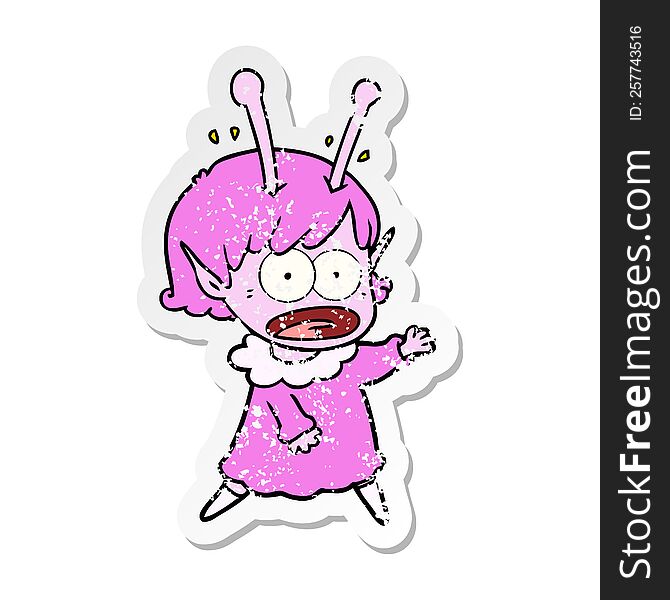 distressed sticker of a cartoon shocked alien girl