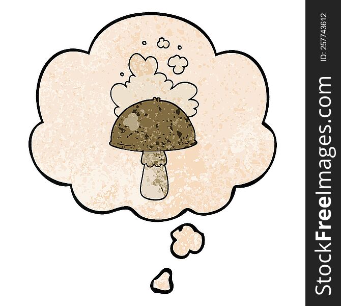 cartoon mushroom with spore cloud with thought bubble in grunge texture style. cartoon mushroom with spore cloud with thought bubble in grunge texture style