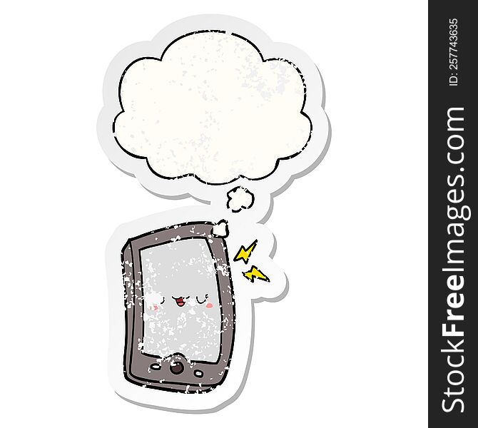 cute cartoon mobile phone with thought bubble as a distressed worn sticker