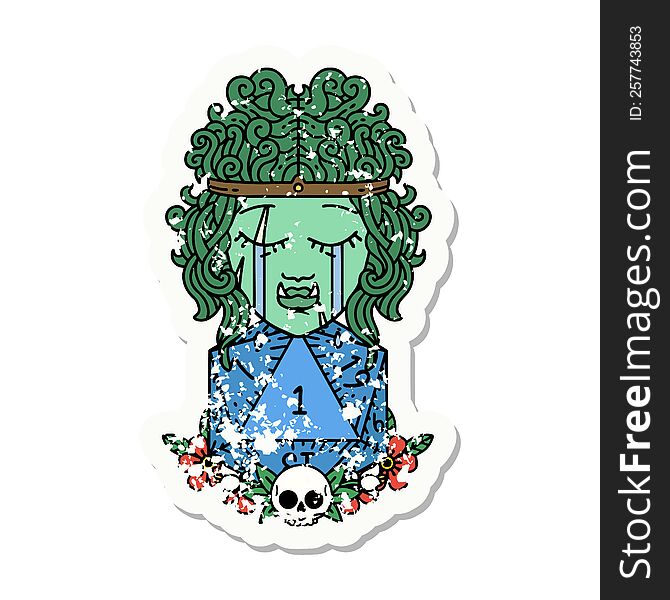 grunge sticker of a sad orc barbarian character face with natural one d20 roll. grunge sticker of a sad orc barbarian character face with natural one d20 roll