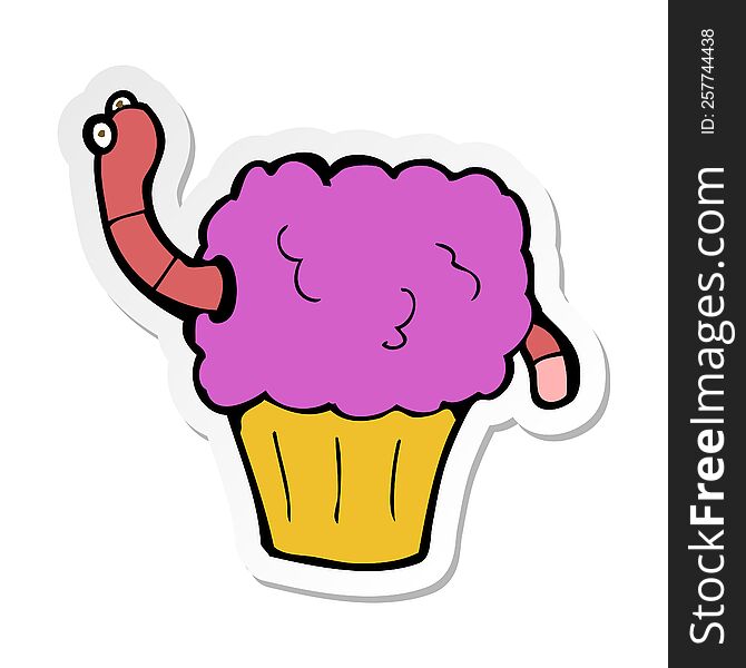sticker of a cartoon worm in cupcake