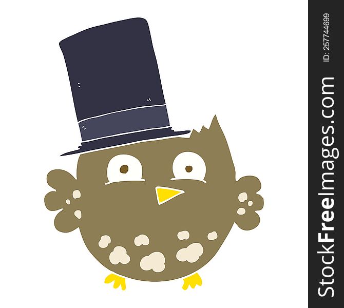 Flat Color Illustration Of A Cartoon Little Owl With Top Hat