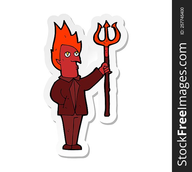 Sticker Of A Cartoon Devil With Pitchfork