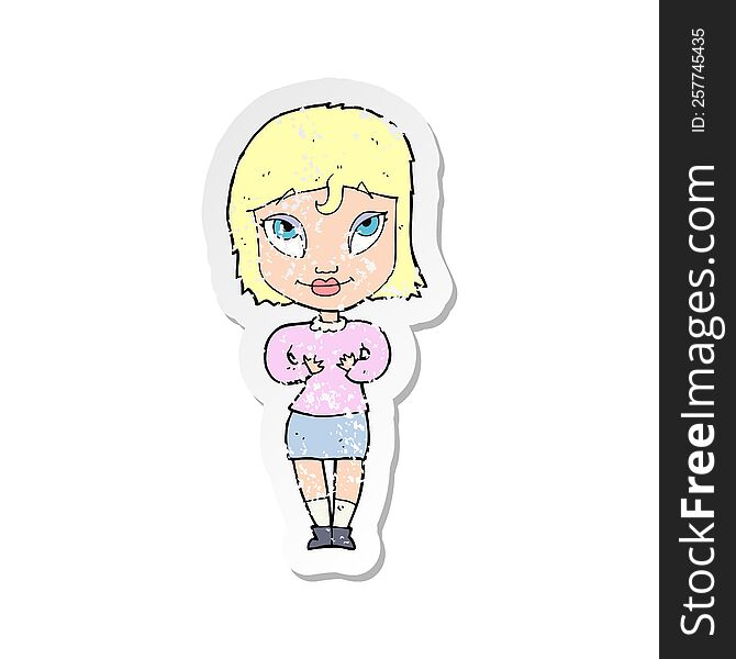 retro distressed sticker of a cartoon woman gesturing at self