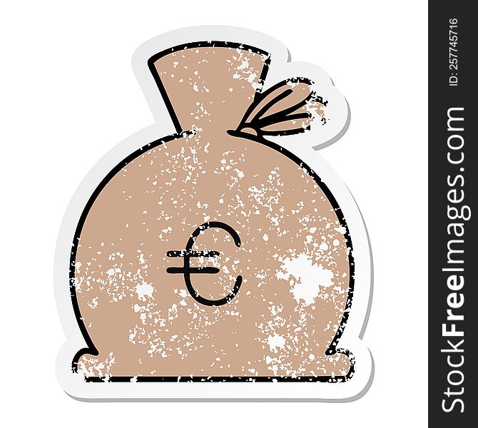 distressed sticker of a cute cartoon bag of money