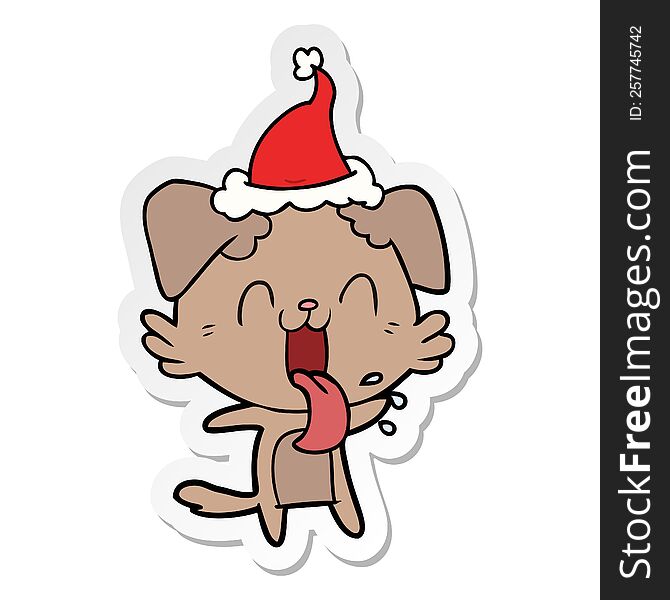 Sticker Cartoon Of A Panting Dog Wearing Santa Hat