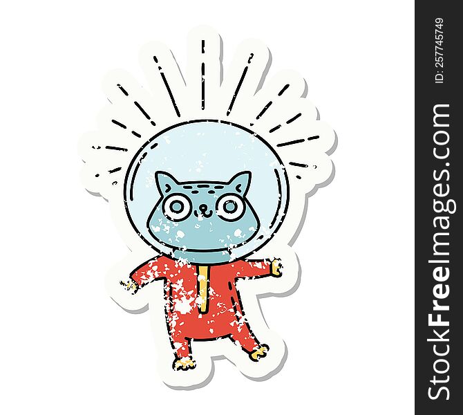 worn old sticker of a tattoo style cat in astronaut suit. worn old sticker of a tattoo style cat in astronaut suit