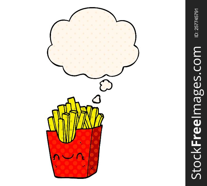 cartoon fries in box with thought bubble in comic book style