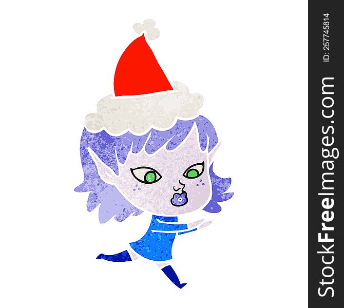 Pretty Retro Cartoon Of A Elf Girl Wearing Santa Hat