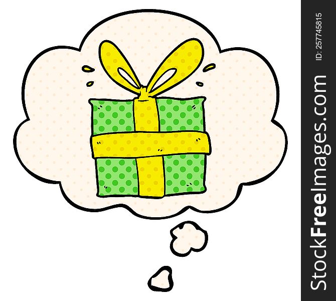 cartoon wrapped gift and thought bubble in comic book style