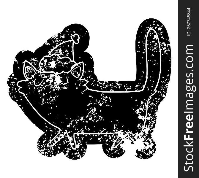 quirky cartoon distressed icon of a black cat wearing santa hat