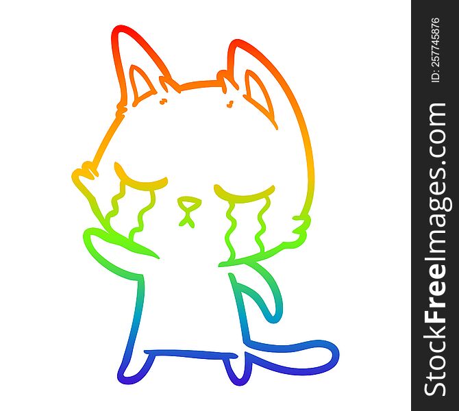 Rainbow Gradient Line Drawing Crying Cartoon Cat Pointing