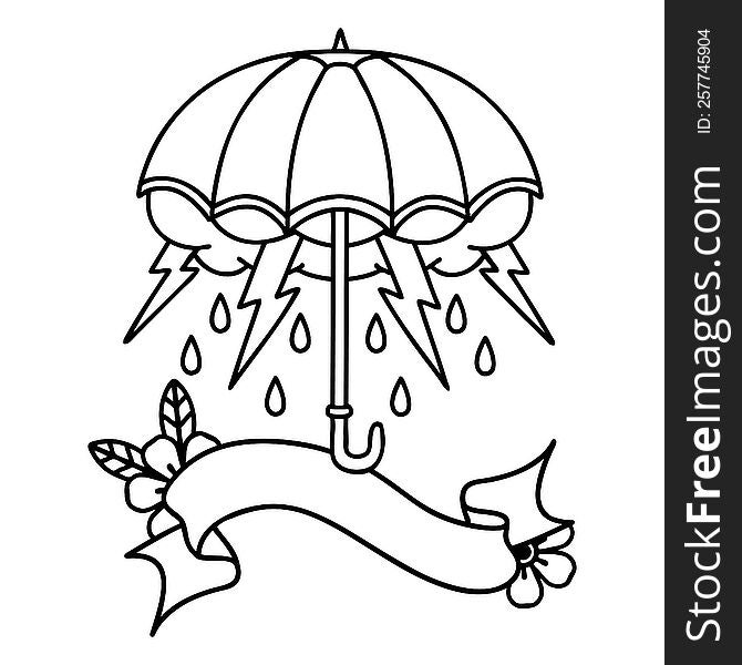 Black Linework Tattoo With Banner Of An Umbrella