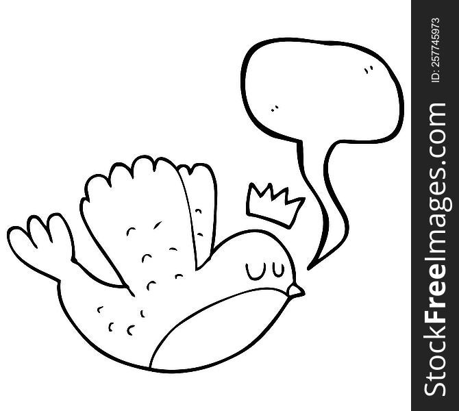 freehand drawn speech bubble cartoon flying christmas robin with crown