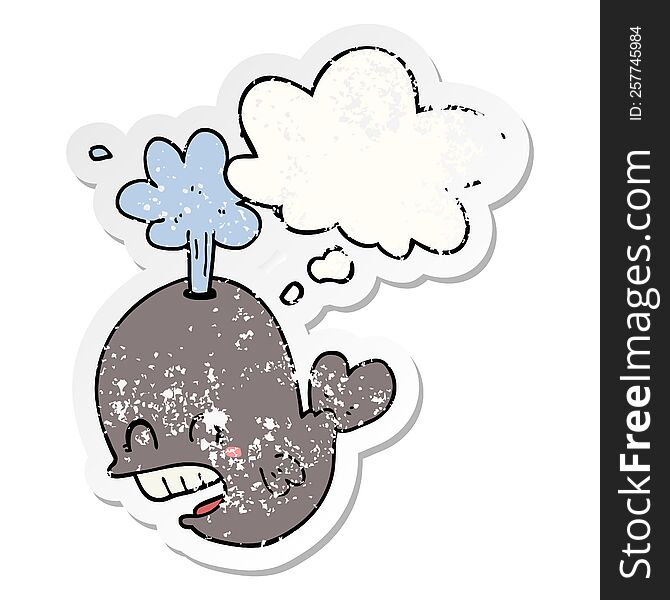 cartoon spouting whale with thought bubble as a distressed worn sticker