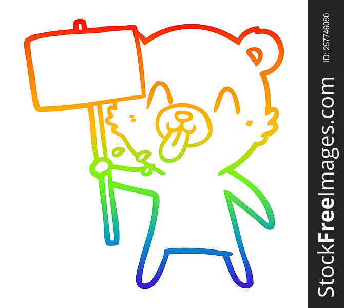 rainbow gradient line drawing of a rude cartoon bear with protest sign