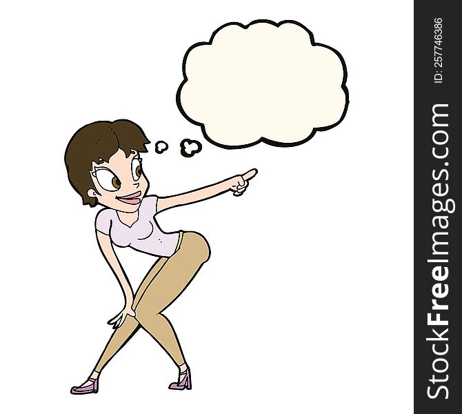 cartoon pretty woman pointing with thought bubble