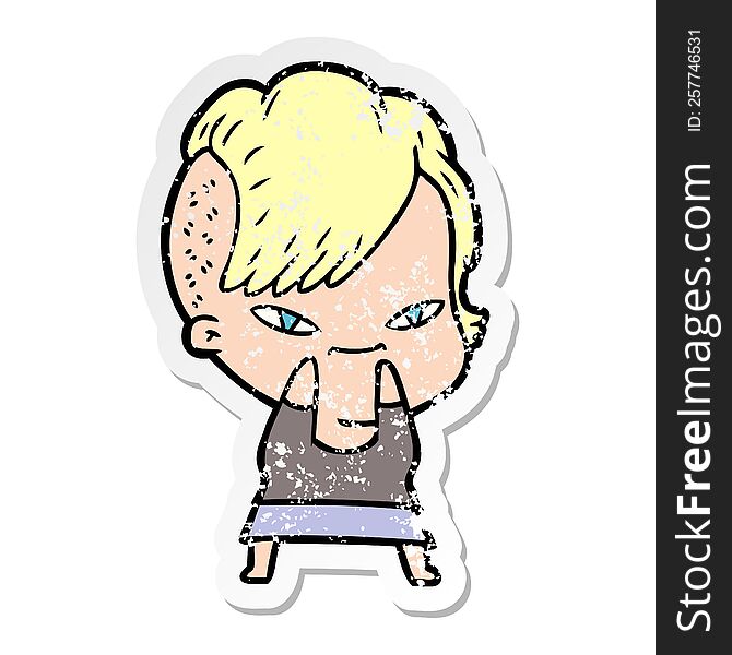 distressed sticker of a cute cartoon girl with hipster haircut