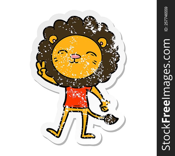 Distressed Sticker Of A Cartoon Lion Giving Peac Sign