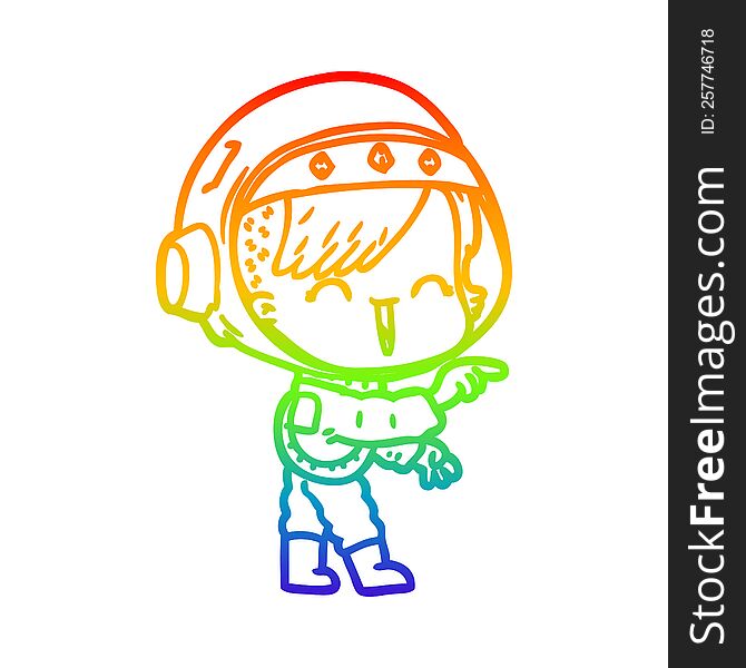 rainbow gradient line drawing of a cartoon astronaut girl pointing and laughing