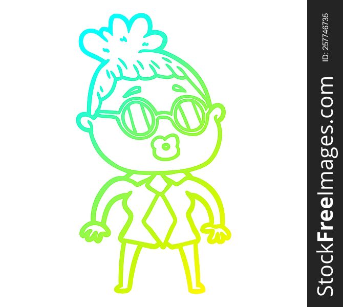 cold gradient line drawing of a cartoon office woman wearing spectacles