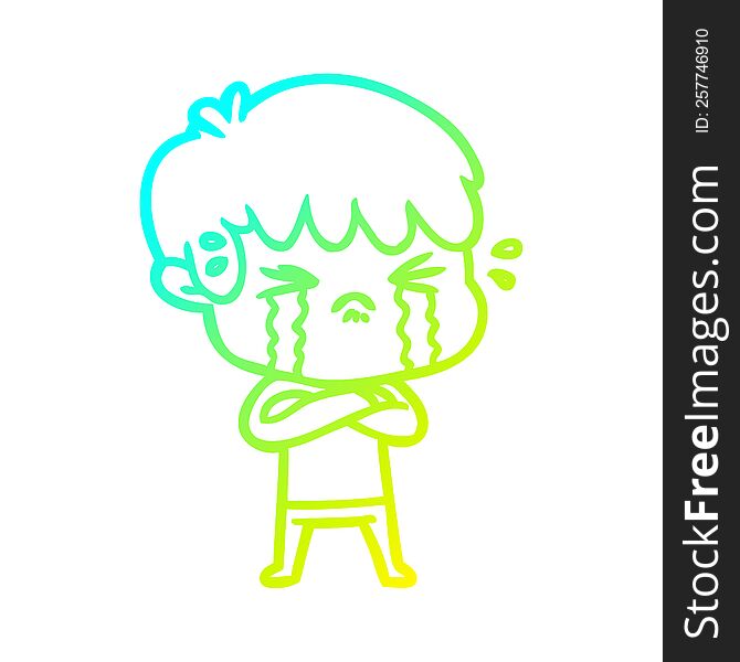 cold gradient line drawing of a cartoon boy crying