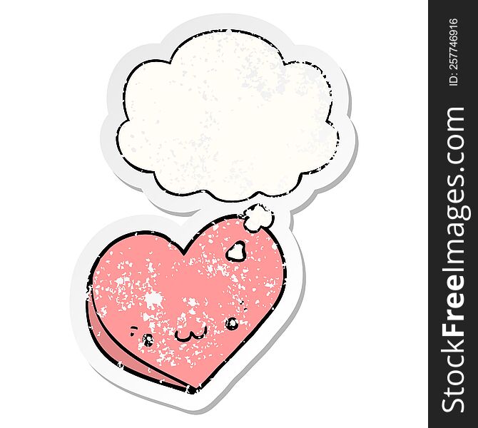 cartoon love heart with face with thought bubble as a distressed worn sticker