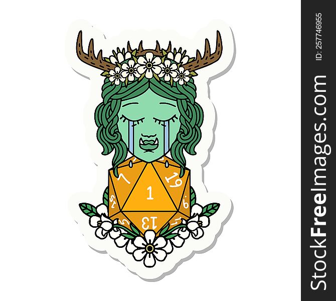 sticker of a sad half orc druid character with natural one dice roll. sticker of a sad half orc druid character with natural one dice roll