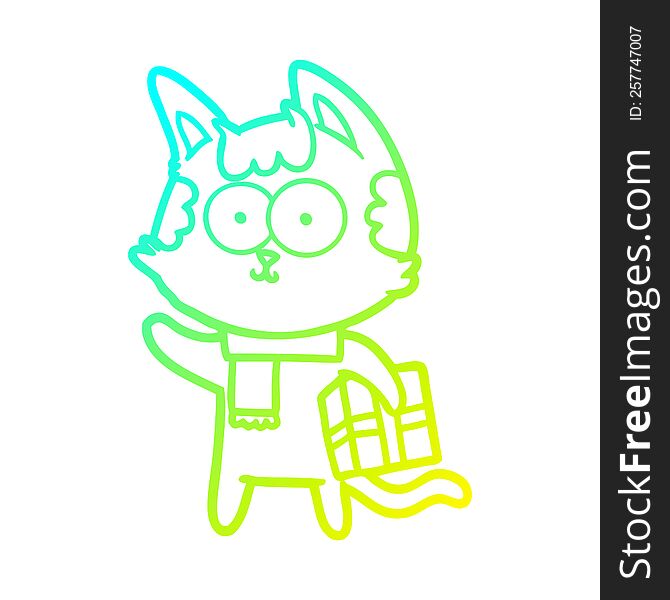 cold gradient line drawing of a happy cartoon cat with christmas present