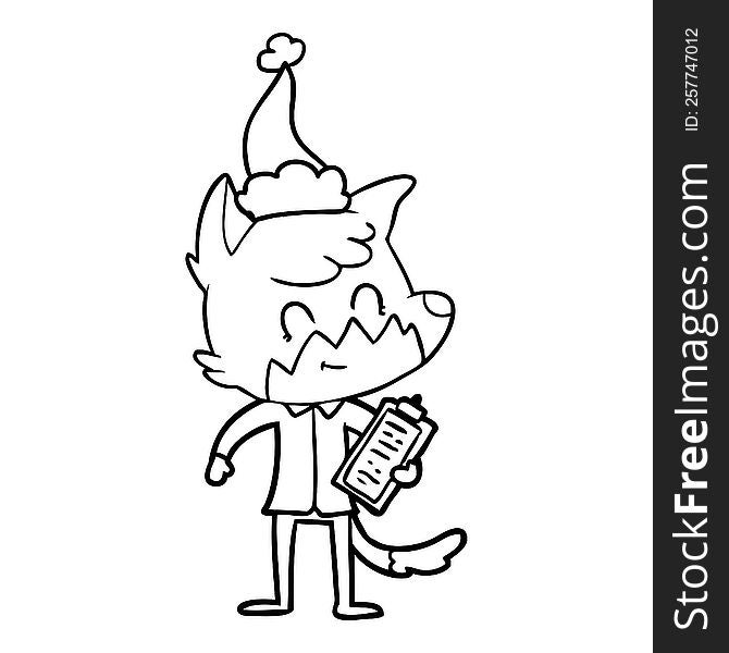 hand drawn line drawing of a friendly fox manager wearing santa hat